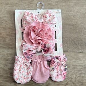 Pink Floral Headband and Mittens Set